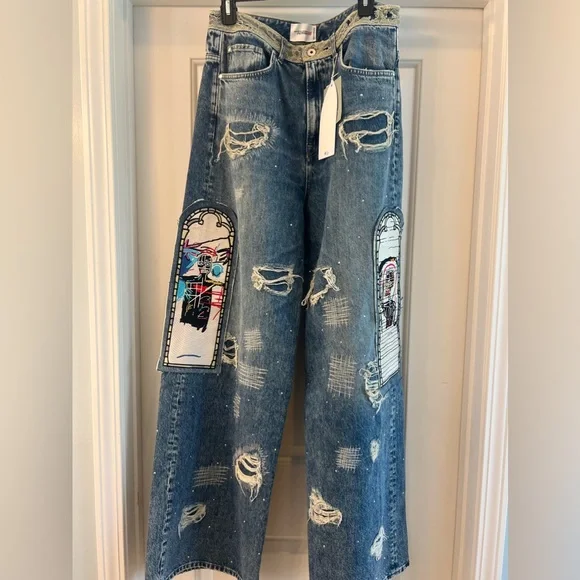 Hm basquiat denim straight relaxed high jeans 27